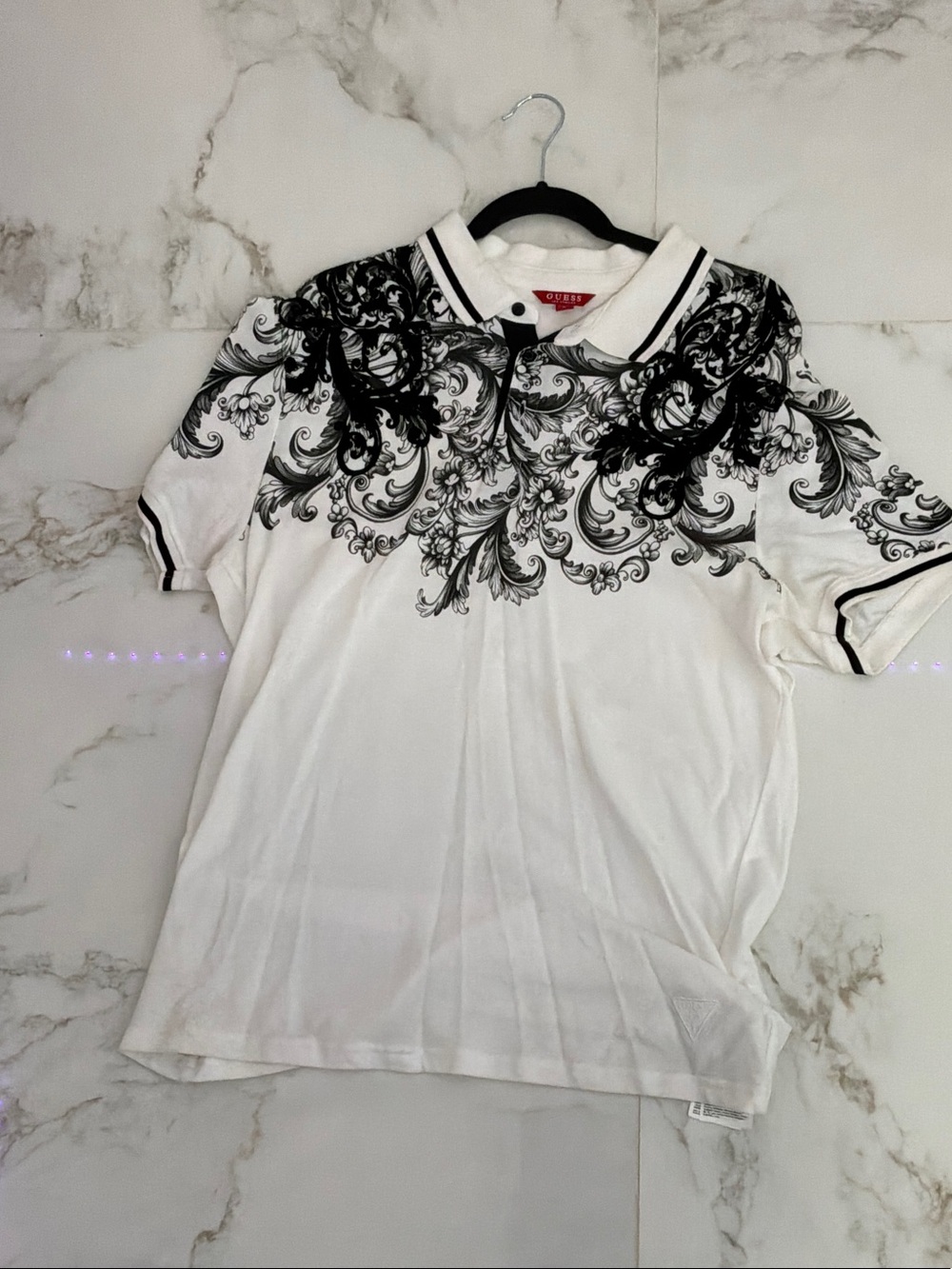 GUESS White Polo with Black Baroque Print